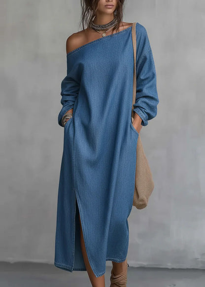 Plus Size Black Cold Shoulder Side Open Cotton Dress Long Sleeve
