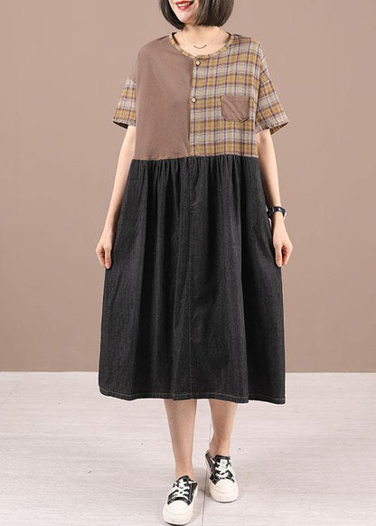 Plus Size Black Cotton Plaid Patchwork Summer Party Dresses - SooLinen