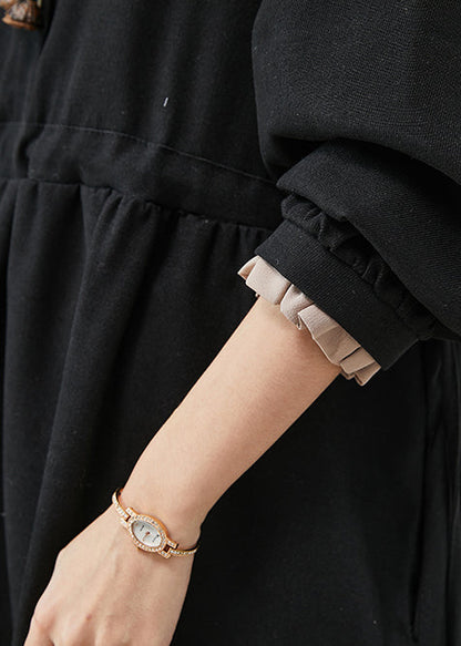 Plus Size Black Drawstring Cotton Fake Two Piece Dresses Spring