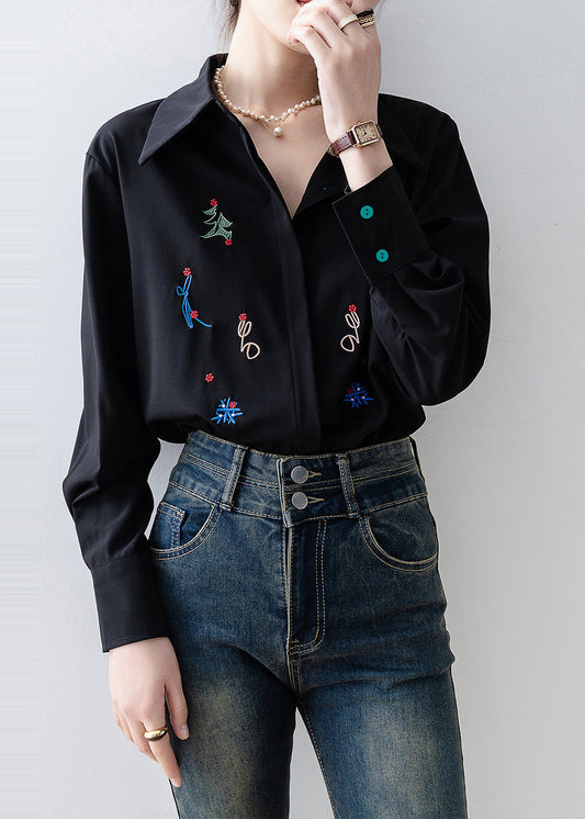 Plus Size Black Embroidered Chiffon Blouse Tops Spring