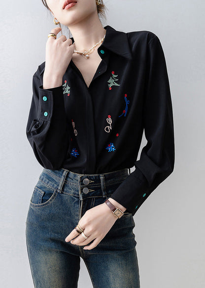 Plus Size Black Embroidered Chiffon Blouse Tops Spring
