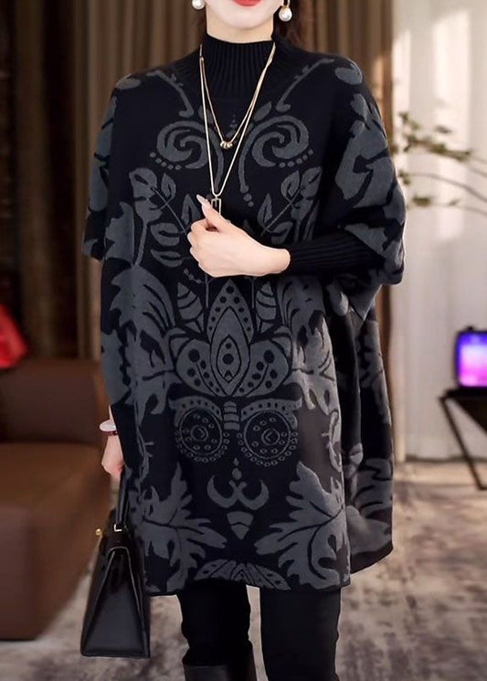Plus Size Black Hign Neck Thick Print Knit Sweater Winter