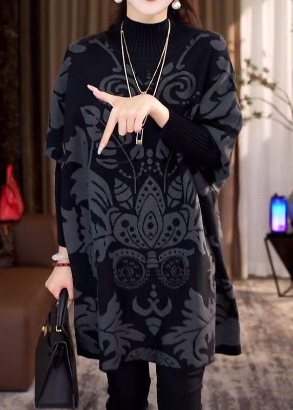 Plus Size Black Hign Neck Thick Print Knit Sweater Winter