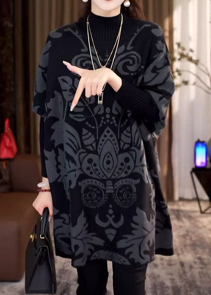 Plus Size Black Hign Neck Thick Print Knit Sweater Winter