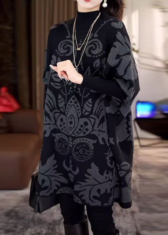 Plus Size Black Hign Neck Thick Print Knit Sweater Winter