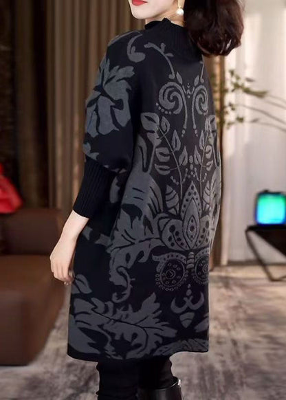 Plus Size Black Hign Neck Thick Print Knit Sweater Winter