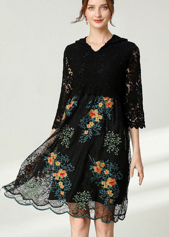 Plus Size Black Hooded Patchwork Lace Dress Spring
