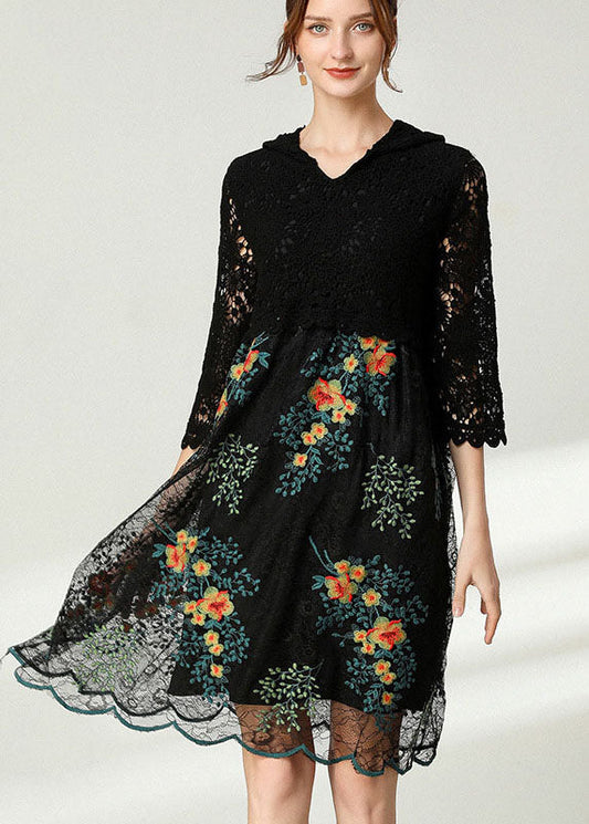 Plus Size Black Hooded Patchwork Lace Dress Spring