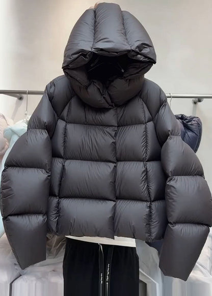 Plus Size Black Hooded Plaid Thick Duck Down Puffers Jackets Winter