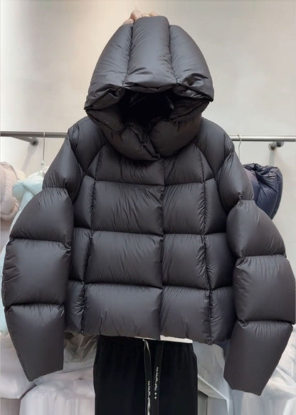 Plus Size Black Hooded Plaid Thick Duck Down Puffers Jackets Winter