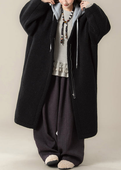 Plus Size Black Hooded Zippered Patchwork Teddy Faux Fur Coat Winter