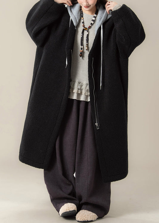 Plus Size Black Hooded Zippered Patchwork Teddy Faux Fur Coat Winter