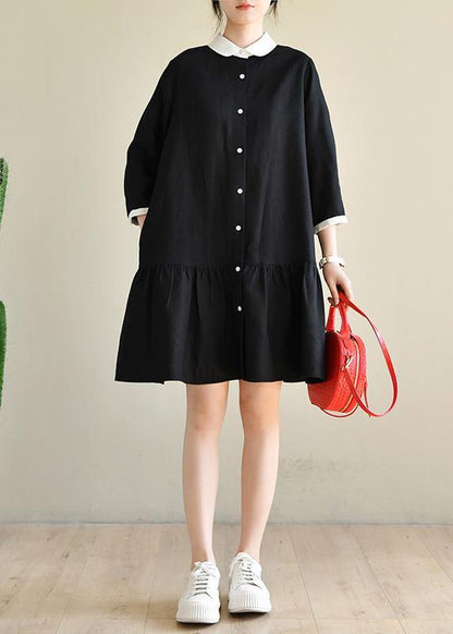 Plus Size Black Long sleeve Peter Pan Collar Patchwork Spring Cotton Dress - SooLinen