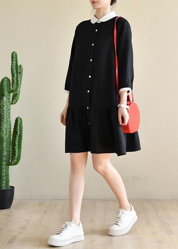 Plus Size Black Long sleeve Peter Pan Collar Patchwork Spring Cotton Dress - SooLinen