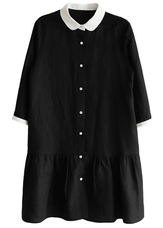 Plus Size Black Long sleeve Peter Pan Collar Patchwork Spring Cotton Dress - SooLinen