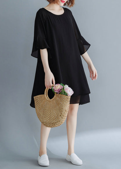 Plus Size Black O-Neck Chiffon Holiday Dresses flare sleeve