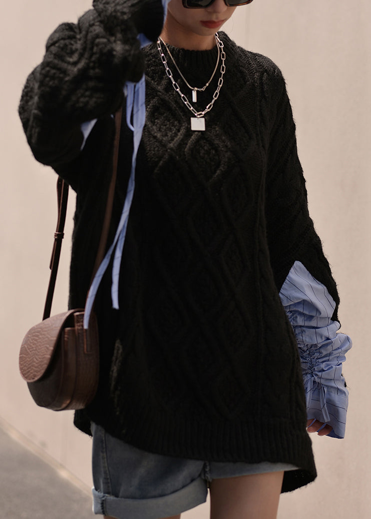 Plus Size Black O Neck Drawstring  Cotton Knit Sweaters Fall