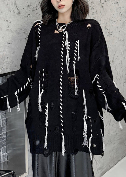 Plus Size Black O-Neck Hole Cozy Cotton Knit Sweater Tops Fall