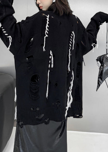 Plus Size Black O-Neck Hole Cozy Cotton Knit Sweater Tops Fall