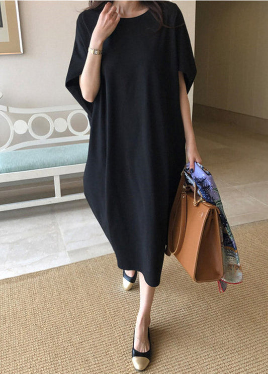 Plus Size Black O-Neck Linen Long Dress Batwing Sleeve