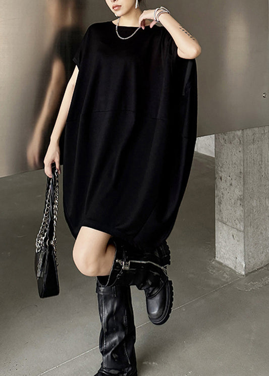 Plus Size Black O Neck Patchwork Cotton Dresses Sleeveless