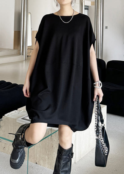 Plus Size Black O Neck Patchwork Cotton Dresses Sleeveless