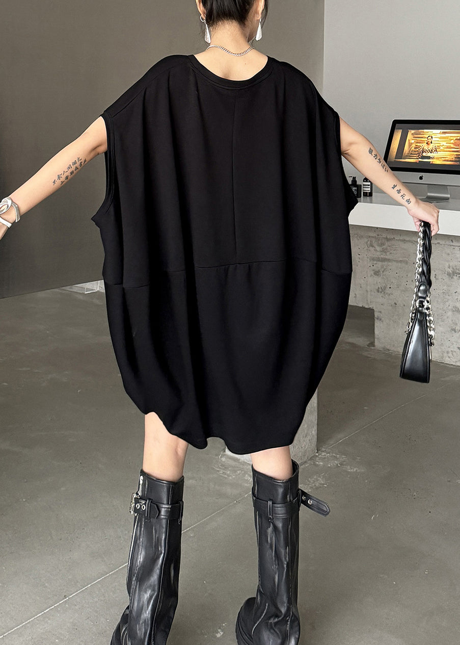 Plus Size Black O Neck Patchwork Cotton Dresses Sleeveless