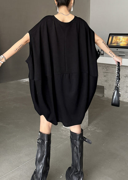 Plus Size Black O Neck Patchwork Cotton Dresses Sleeveless