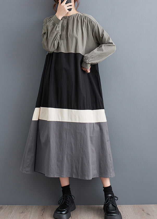 Plus Size Black O Neck Patchwork Cotton Long Dress Fall