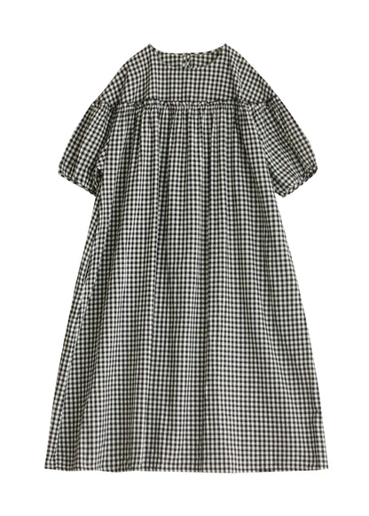 Plus Size Black O Neck Plaid Ruffled Patchwork Cotton Dress Summer