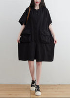 Plus Size Black O-Neck Pockets Button Linen Dresses Short Sleeve