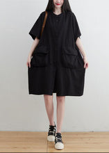 Load image into Gallery viewer, Plus Size Black O-Neck Pockets Button Linen Dresses Short Sleeve