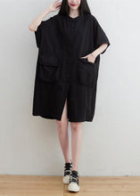 Load image into Gallery viewer, Plus Size Black O-Neck Pockets Button Linen Dresses Short Sleeve