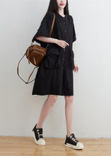 Load image into Gallery viewer, Plus Size Black O-Neck Pockets Button Linen Dresses Short Sleeve