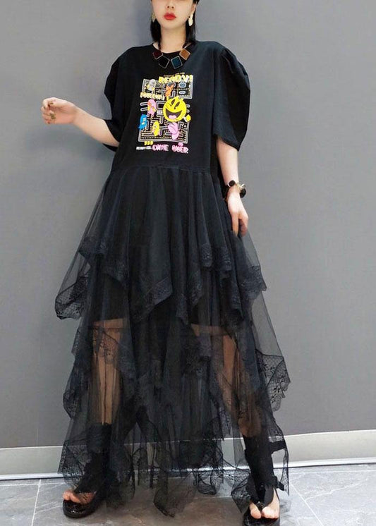 Plus Size Black O-Neck Print Half Sleeve Fall Dresses - SooLinen