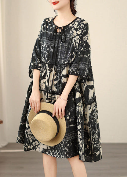 Plus Size Black O Neck Print Lace Up Cotton Dresses Summer