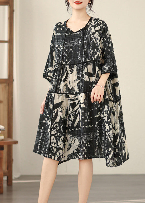 Plus Size Black O Neck Print Lace Up Cotton Dresses Summer