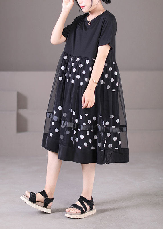 Plus Size Black O-Neck Tulle Patchwork Dot Print Cotton Maxi Dress Short Sleeve