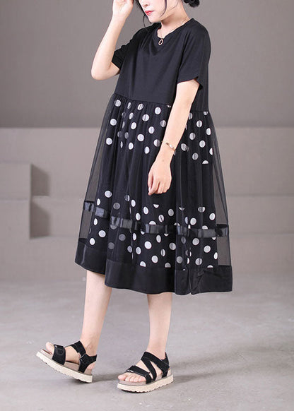 Plus Size Black O-Neck Tulle Patchwork Dot Print Cotton Maxi Dress Short Sleeve
