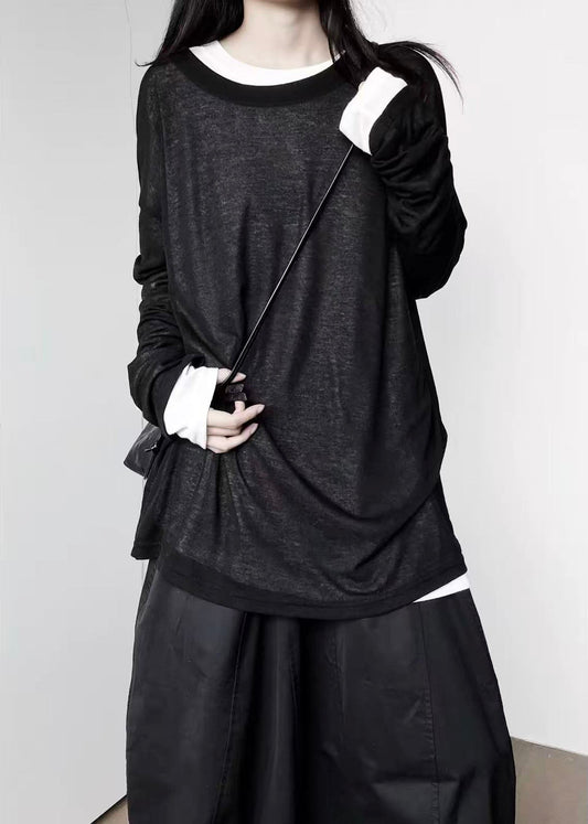 Plus Size Black Oversized Cotton Loose Tops Fall