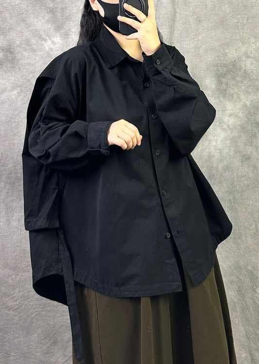 Plus Size Black Oversized Patchwork Cotton Shirt Fall