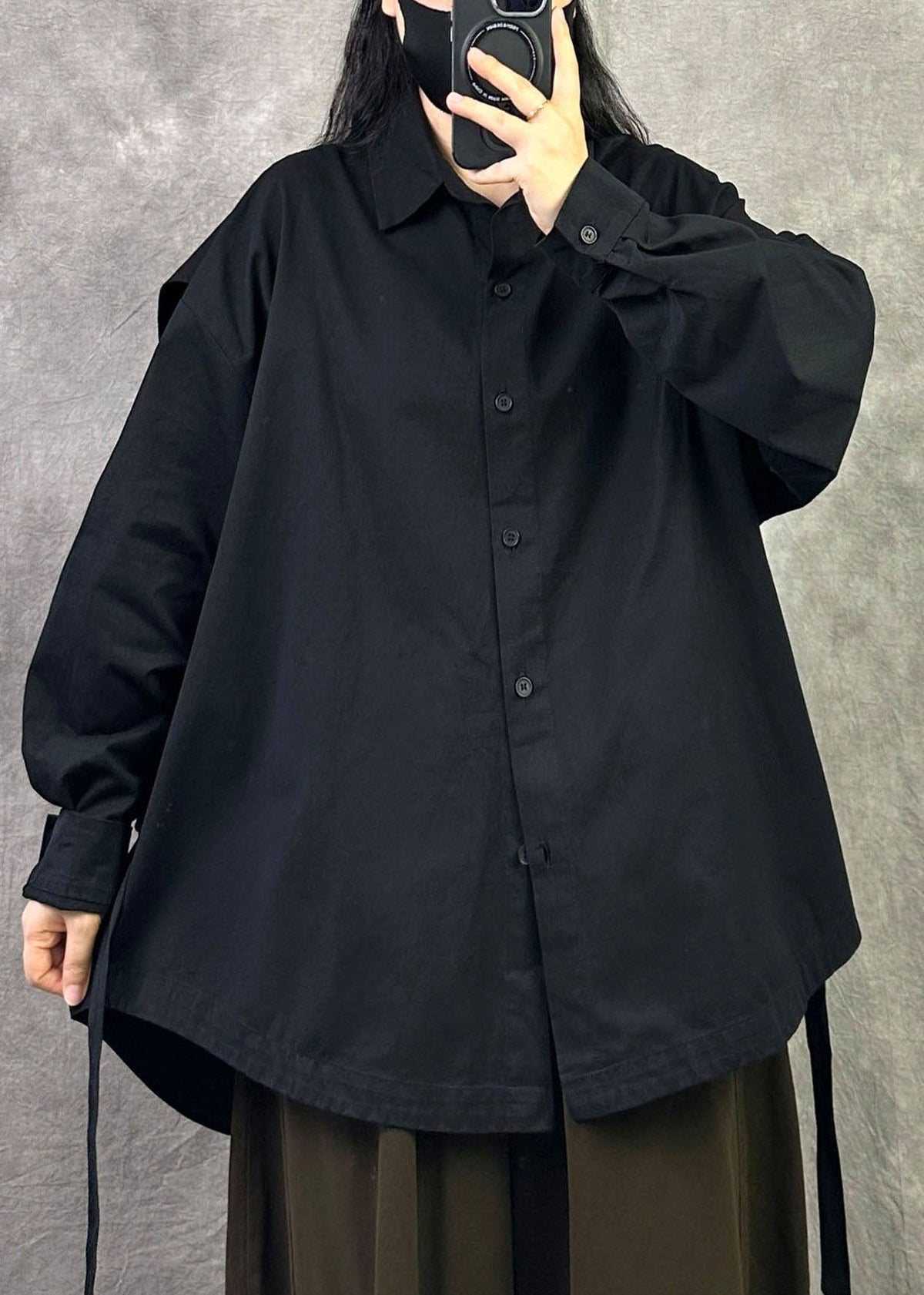 Plus Size Black Oversized Patchwork Cotton Shirt Fall