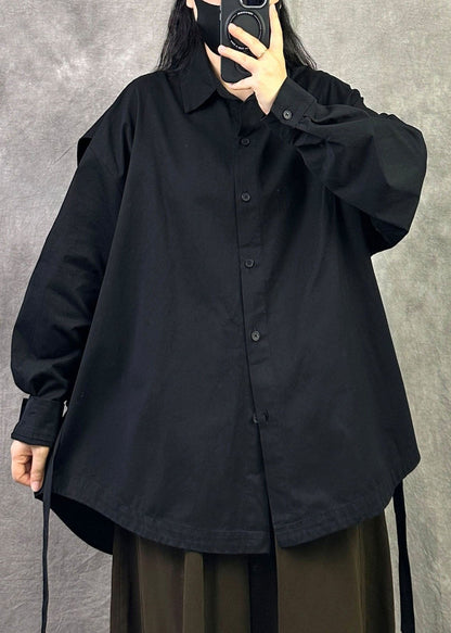 Plus Size Black Oversized Patchwork Cotton Shirt Fall