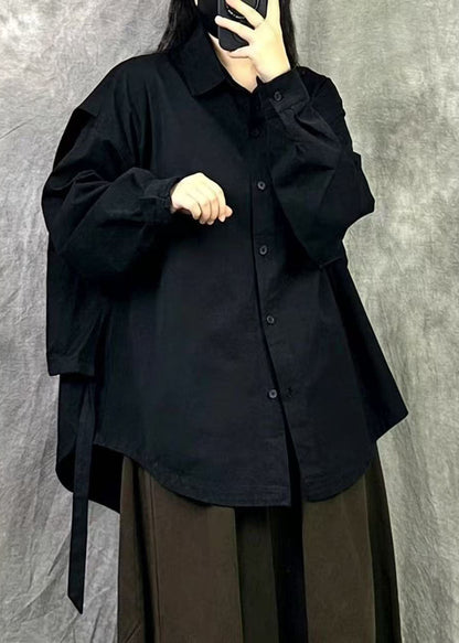 Plus Size Black Oversized Patchwork Cotton Shirt Fall