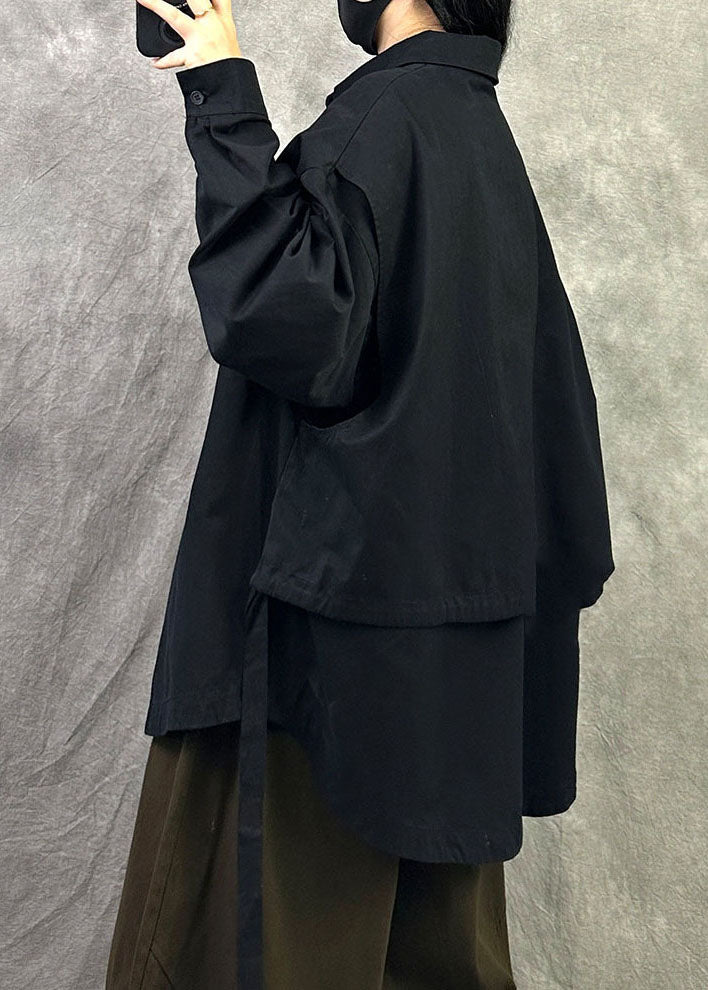 Plus Size Black Oversized Patchwork Cotton Shirt Fall