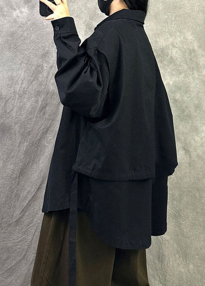 Plus Size Black Oversized Patchwork Cotton Shirt Fall