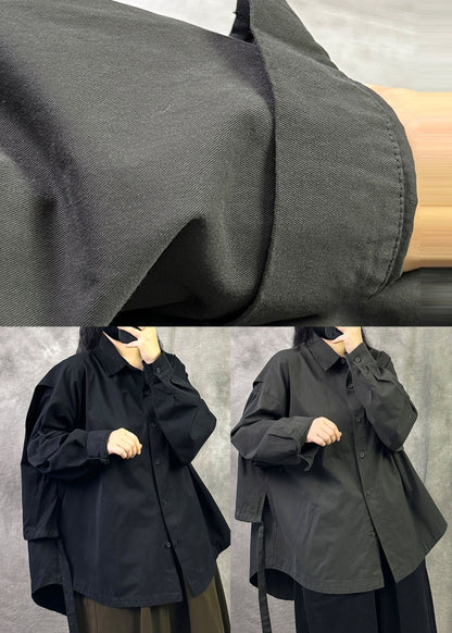 Plus Size Black Oversized Patchwork Cotton Shirt Fall