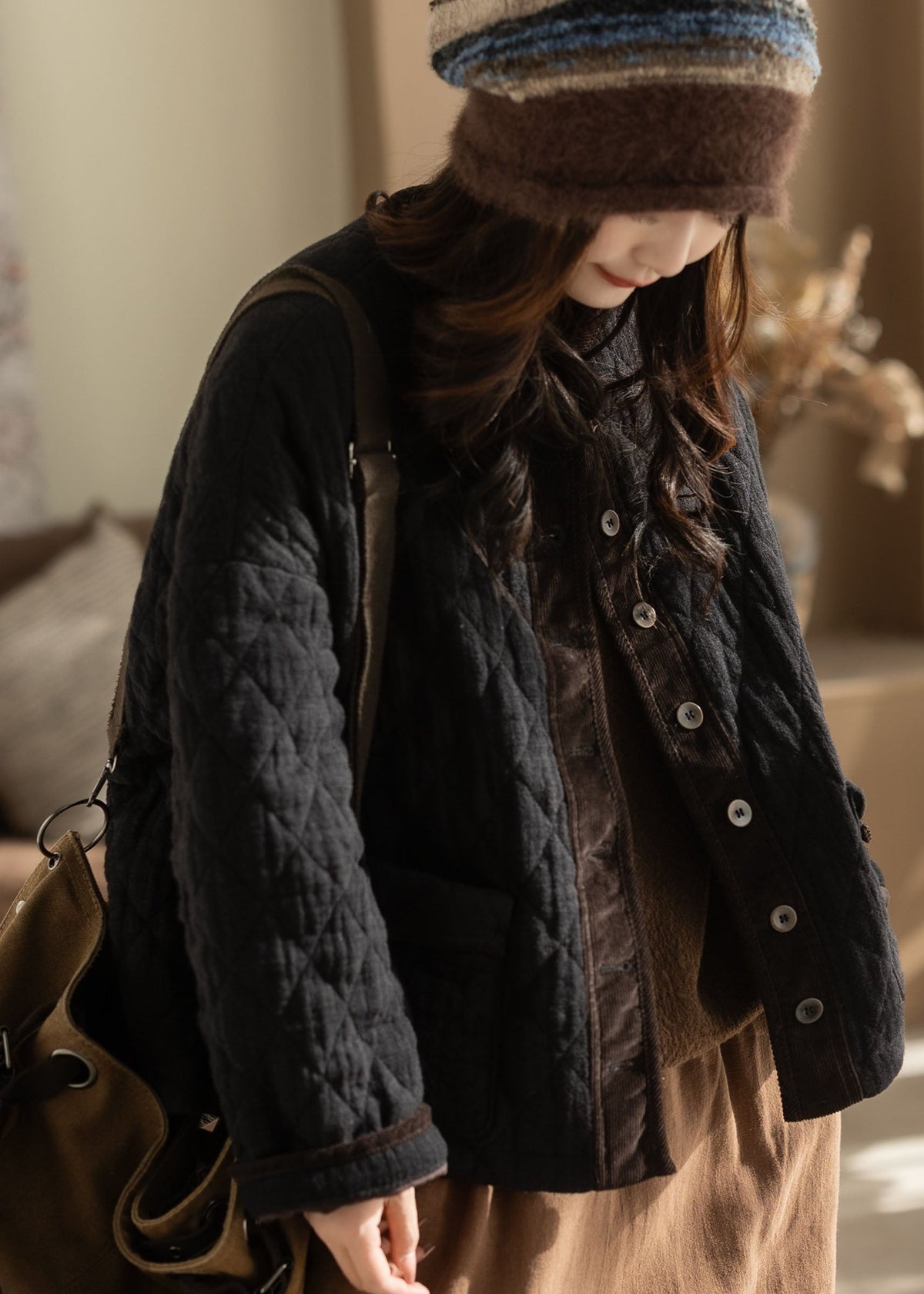 Plus Size Black Oversized Patchwork Fine Cotton Filled Jackets Winter