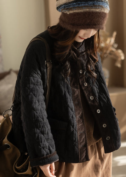 Plus Size Black Oversized Patchwork Fine Cotton Filled Jackets Winter