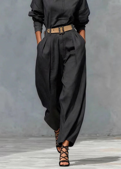 Plus Size Black Oversized Pockets Linen Pants Fall